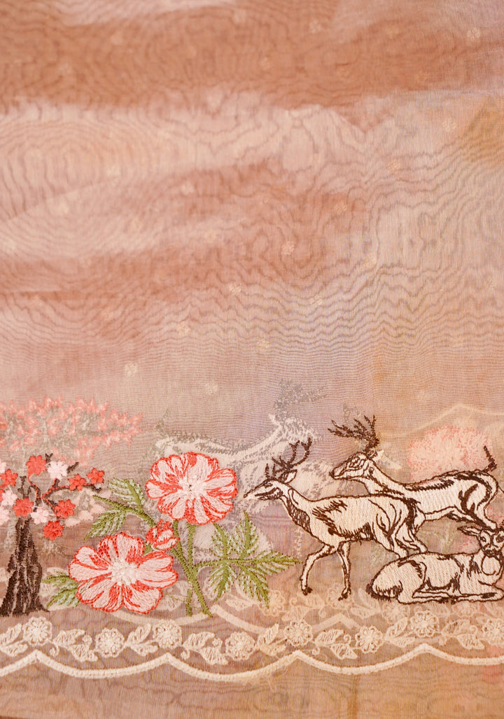 Wine Pure Handloom Chiniya Silk Saree with Appliqué Resham Embroidery