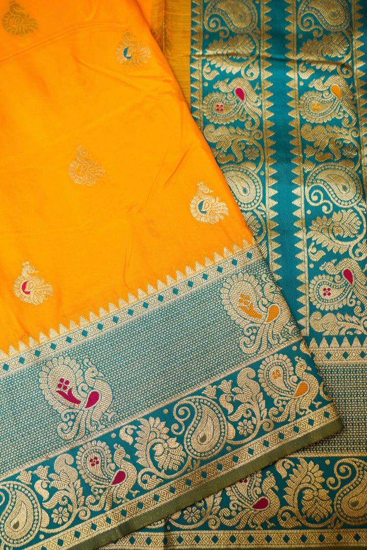 Yellow Soft Silk Kanjivaram Inspired Bird Motifs Saree with Contrast Border Pallu