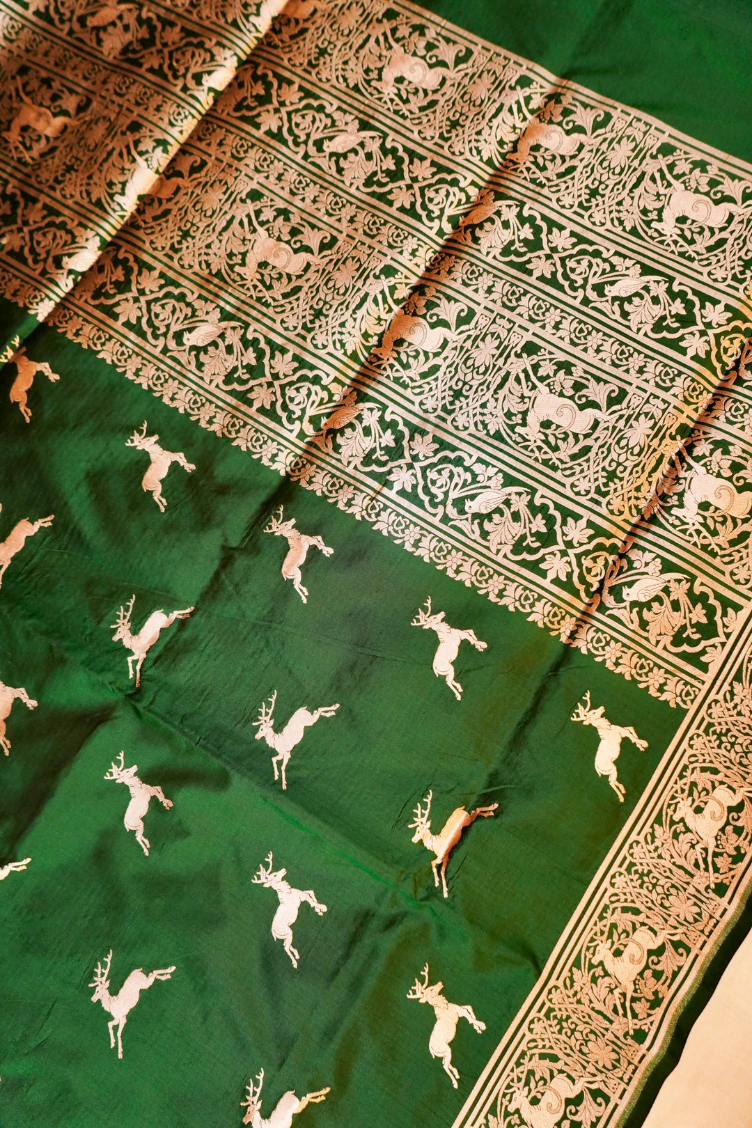 Handwoven Green Banarasi Pure Katan Silk Animal Motif Saree