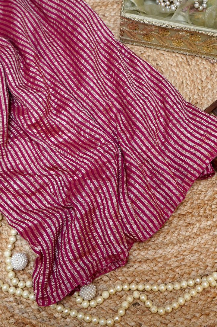 Vibrant Magenta Pink Muga Georgette Saree with Zari Stripe Weave