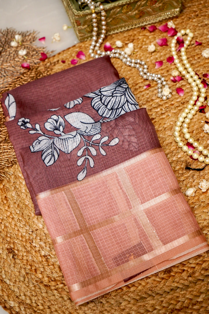 Dusty Rose Pink Kota Check Saree with Printed Body and Zari Weave Check Border View 1