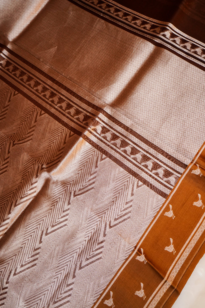 Coffee Brown Handwoven Banarasi Tissue Silk Saree with Silver Zari Zig-Zag Weave & Bird Motif Border