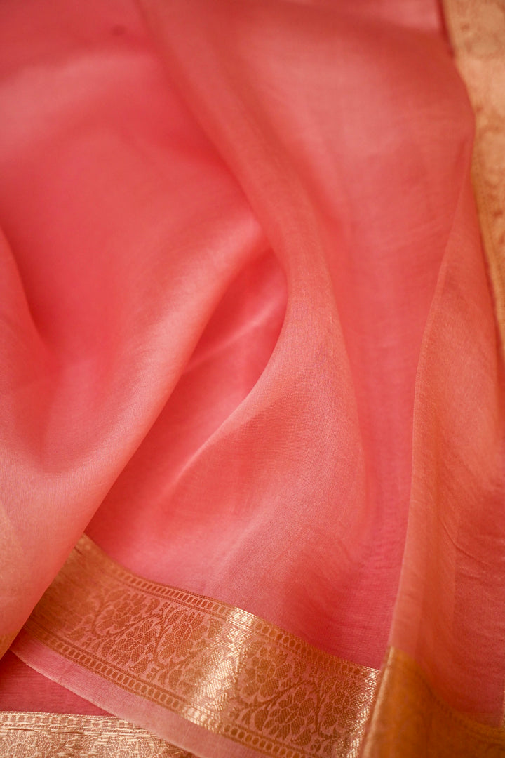 Baby Pink Zari Grace Border Pure Organza Silk Saree Closeup