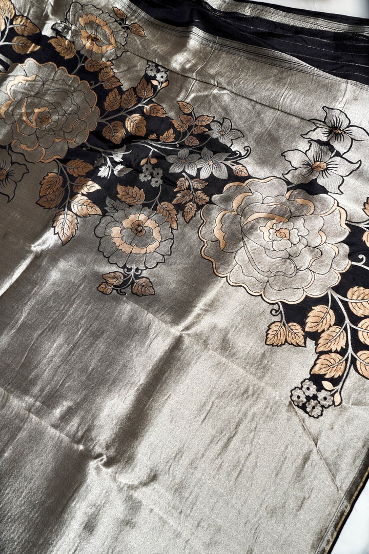 Black Pure Banarasi Crepe Tissue Saree with Contemporary Design Patterns