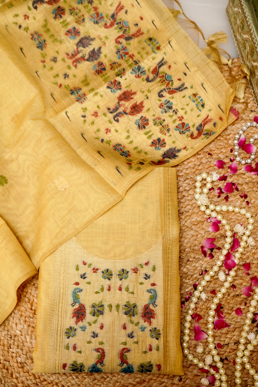 Yellow Handwoven Cotton Unstitched Suit Set with Peacock Woven Dupatta