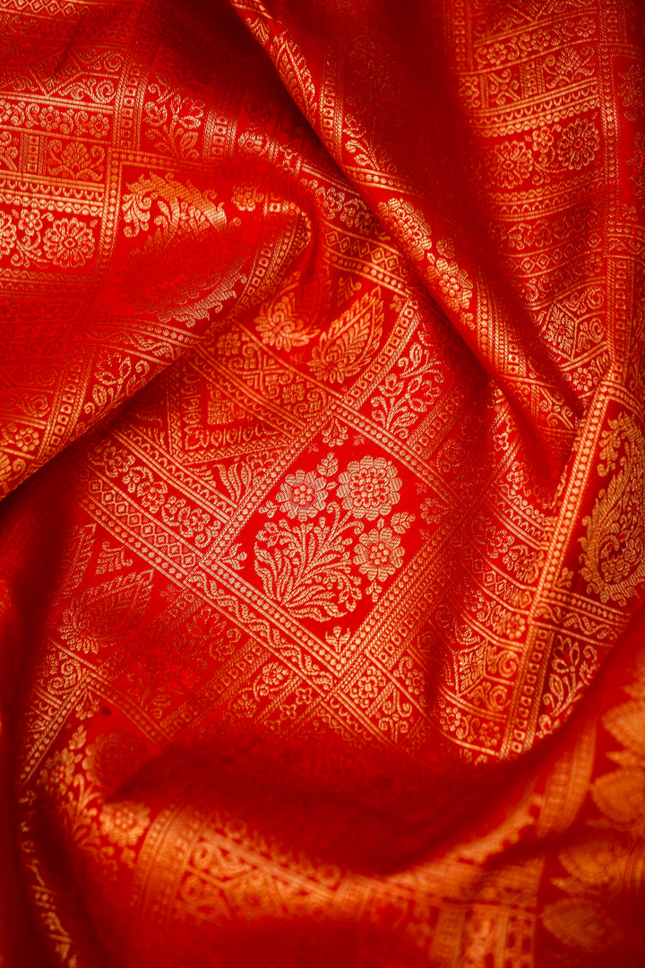 Vibrant Red Traditional Kanjivaram Silk Brocade Saree View 4