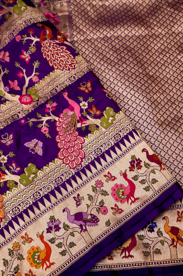 Handwoven Banarasi Pure Meenakari Shikargah Peacock Motif Katan Silk Saree View 4