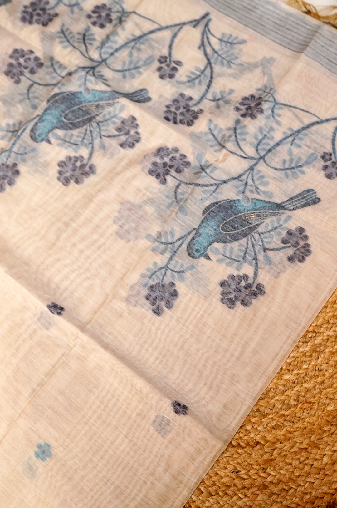 Off White Floral Woven Unstitched Suit Set with Bird Motif Dupatta  in Shades of Blue and Grey
