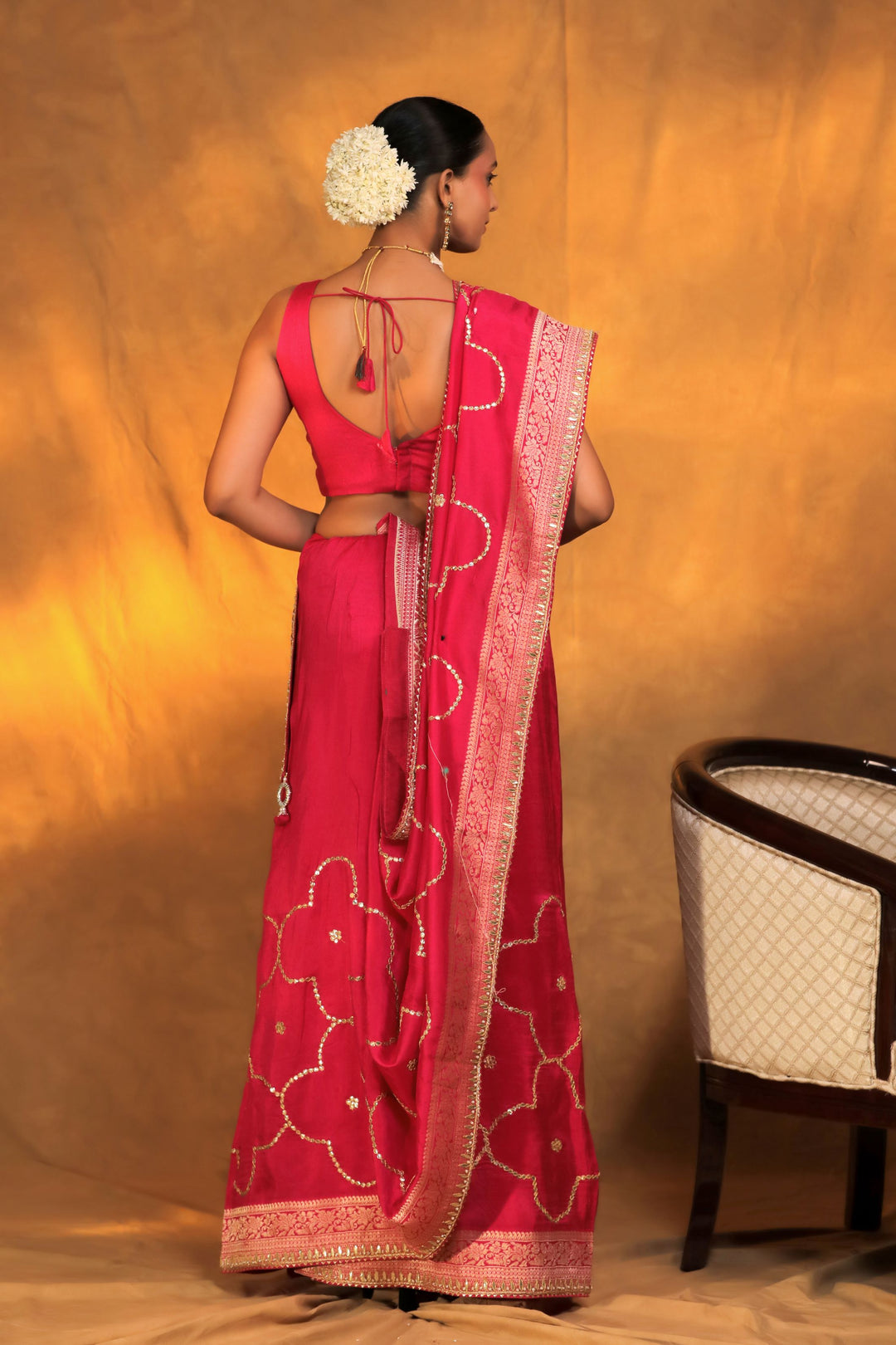 pink silk blend handwork gotta patti bridal saree back view
