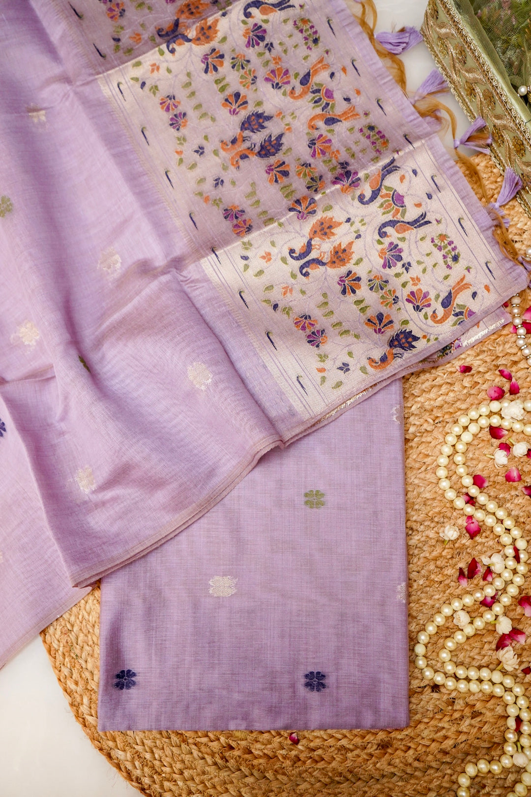Pure Cotton Unstitched Suit Set – Pastel Lilac &amp; Meenakari Dupatta
