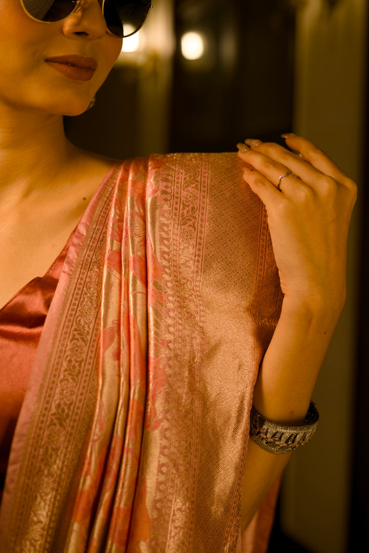 Contemporary Handwoven Banarasi Pure Katan Brocade Silk Saree with Exclusive Designer Jaal View 1