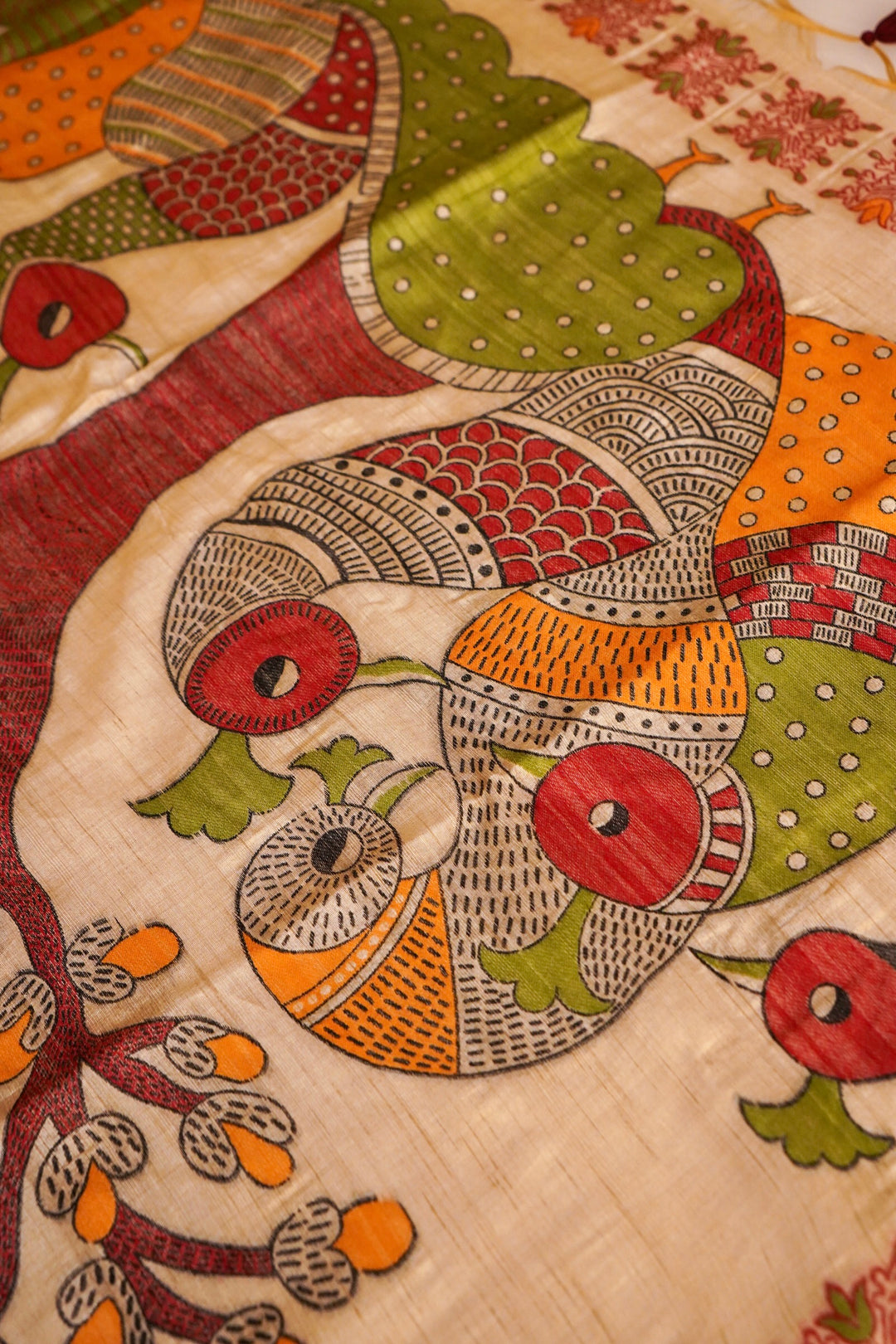 Cream Tussar Silk Saree with Meenakari Border &amp; Peacock Motif Pallu