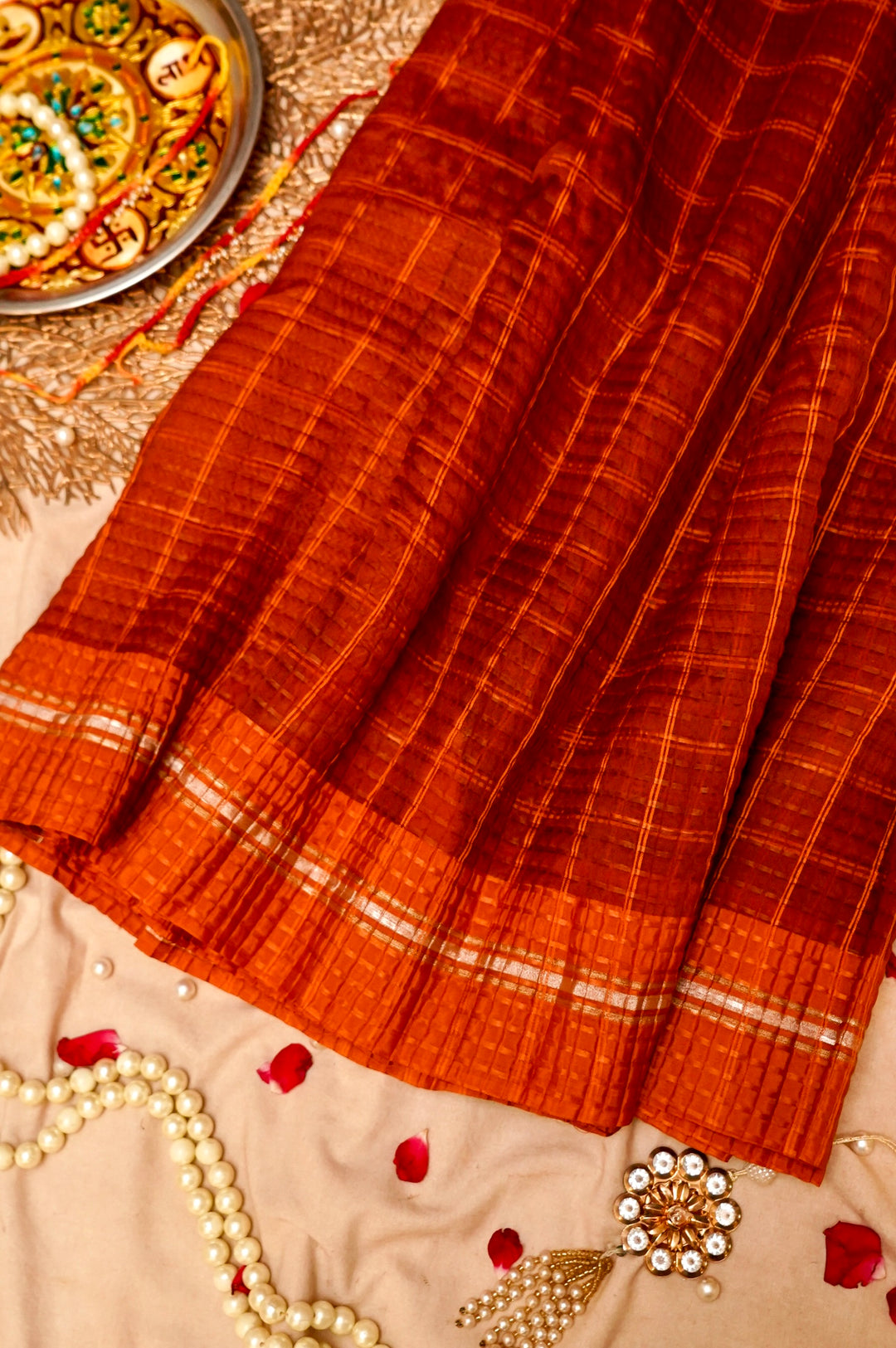Rust Orange Checkered Grace Pure Banarasi Crush Organza Silk Saree Cover View 1