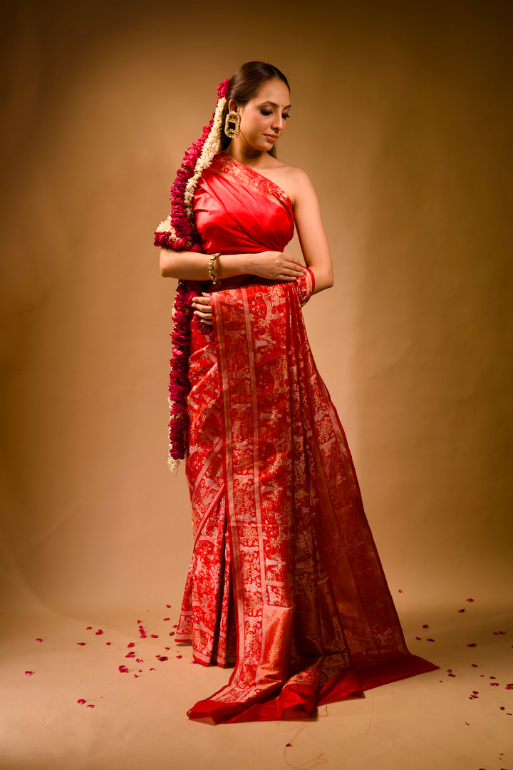 Aalia Bhatt Inspired Red Parsi Gara Banarasi Weaves Cheena Cheeni Heritage Bridal Saree View 3