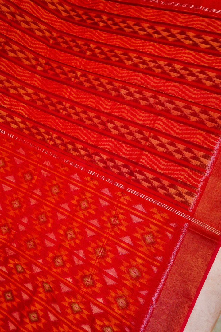 Banarasi Red Patola Cotton Silk Saree with Printed Geometric Designs