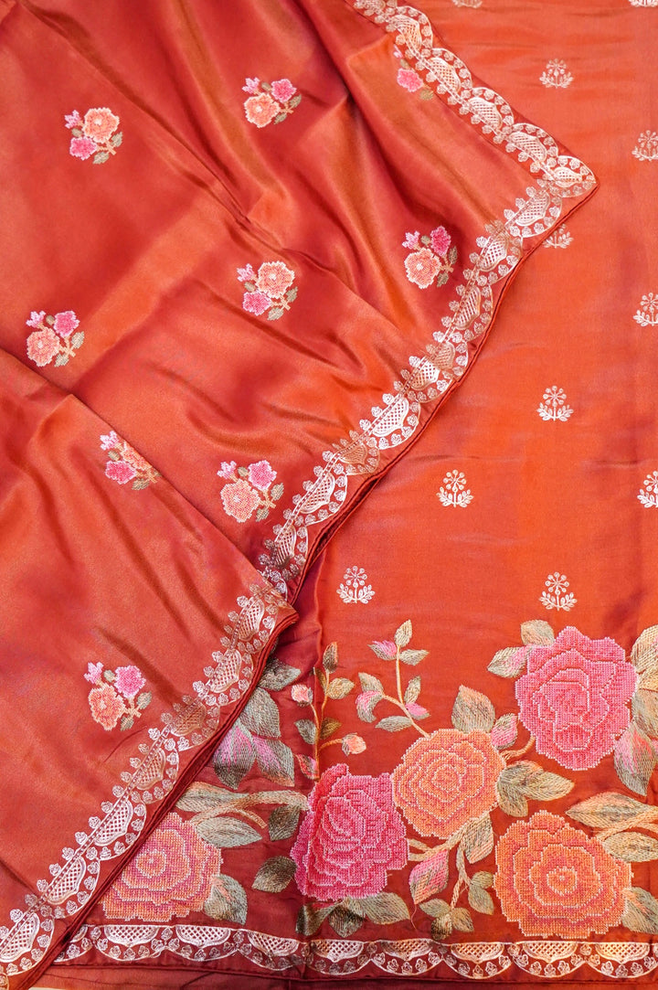Orange Crepe Tissue Silk Suit Set with Pitta Zari and Embroidery Work