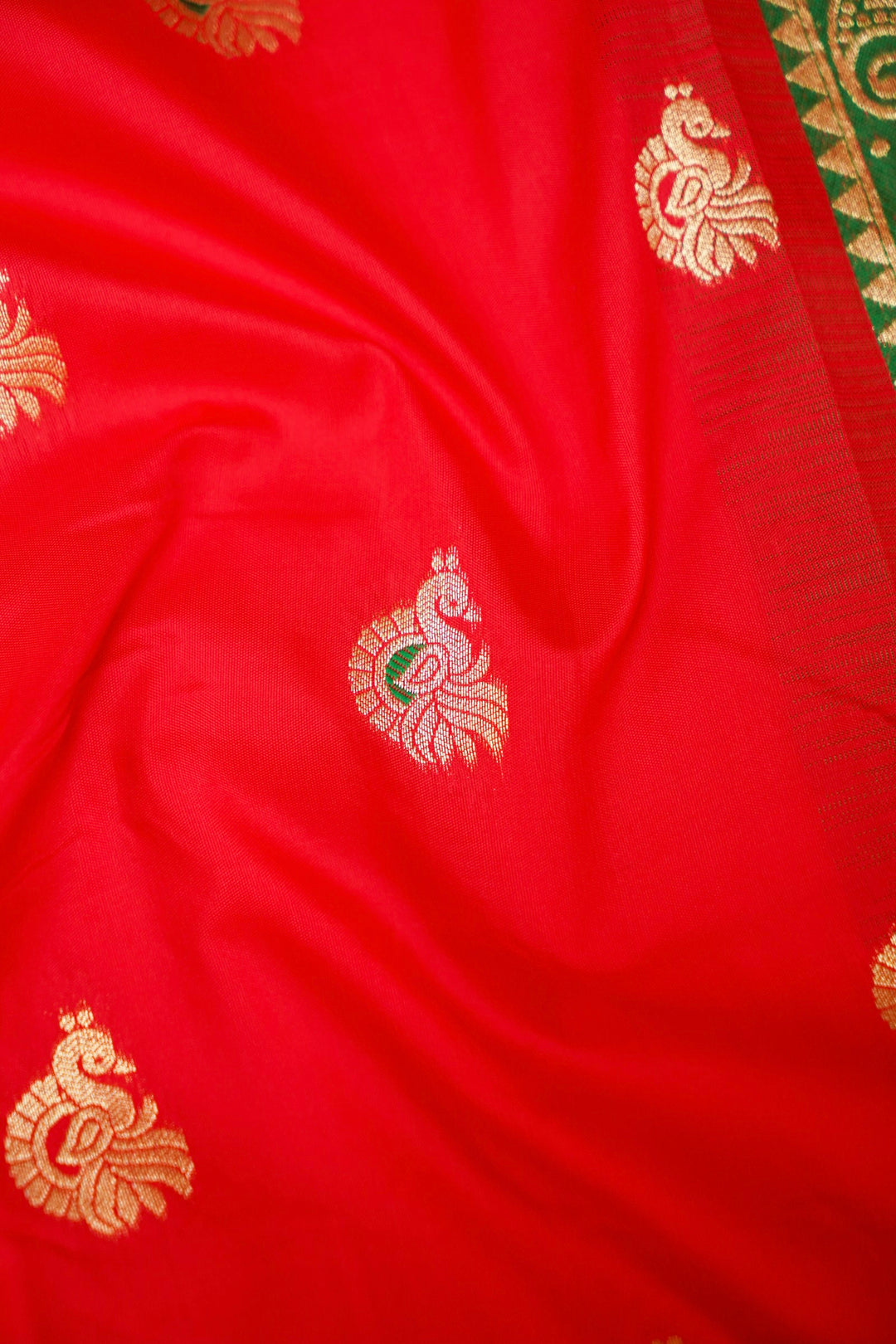 Red Soft Silk Kanjivaram Inspired Bridal Bird Motifs Saree with Contrast Border Pallu