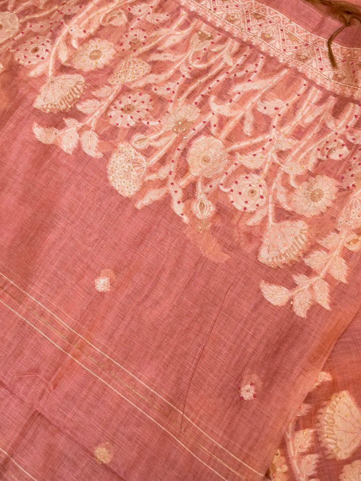 Dusty Rose Banarasi Cotton Jamdani Suit Set with French Knot Thread Embroidery