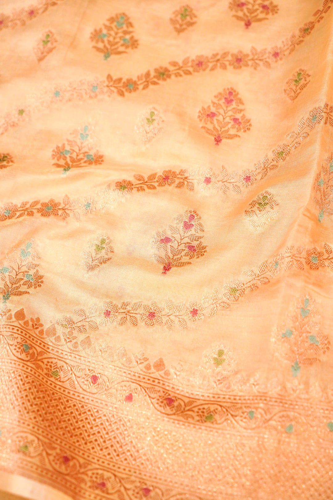 Cream Handloom Pure Katan Tissue Saree with Meenakari Leheriya Weave