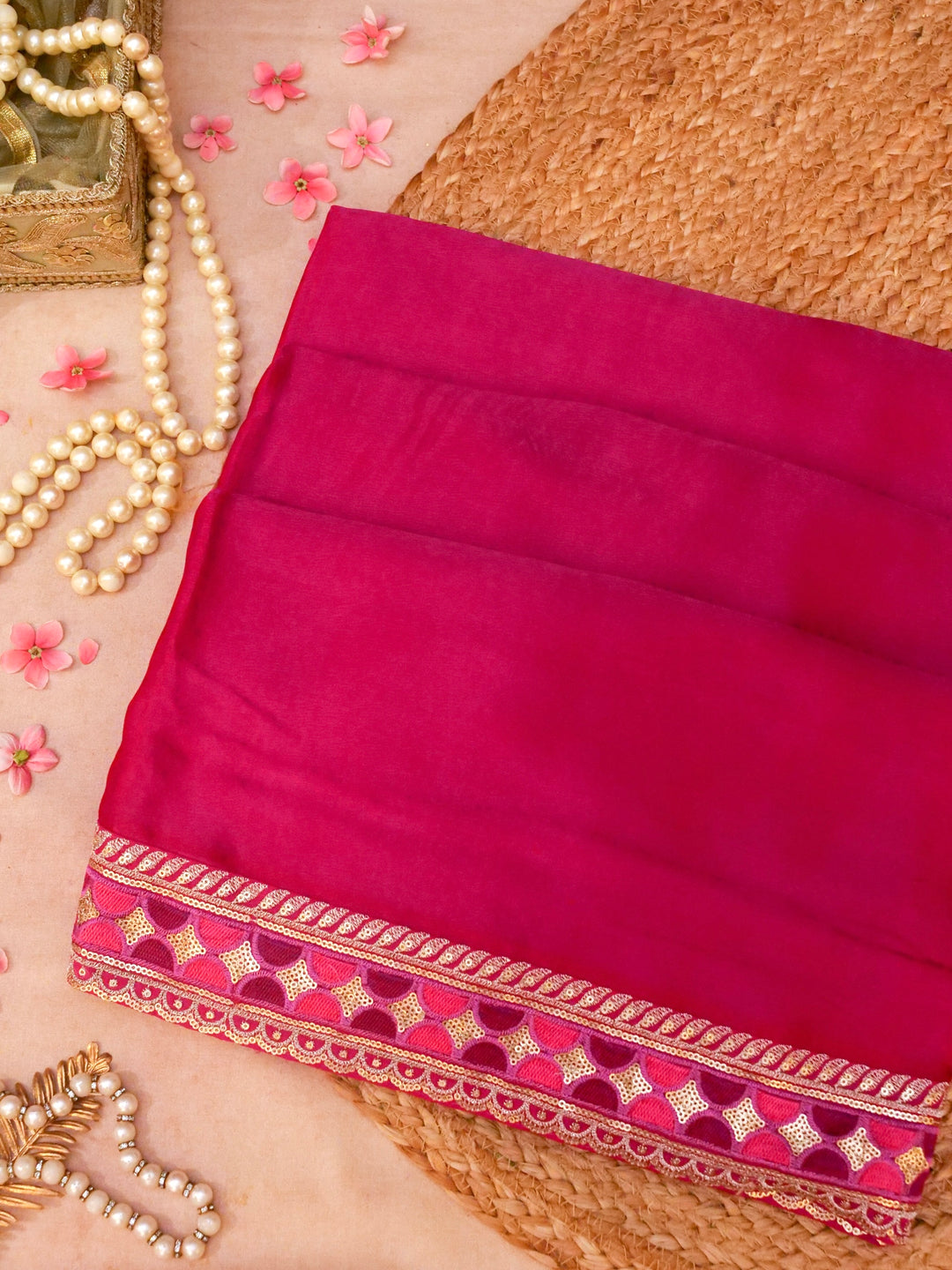 Pink Sabyasachi Inspired Textured Pure Crepe Saree with Designer Border Heavy Embroidered Silk Blouse View 1