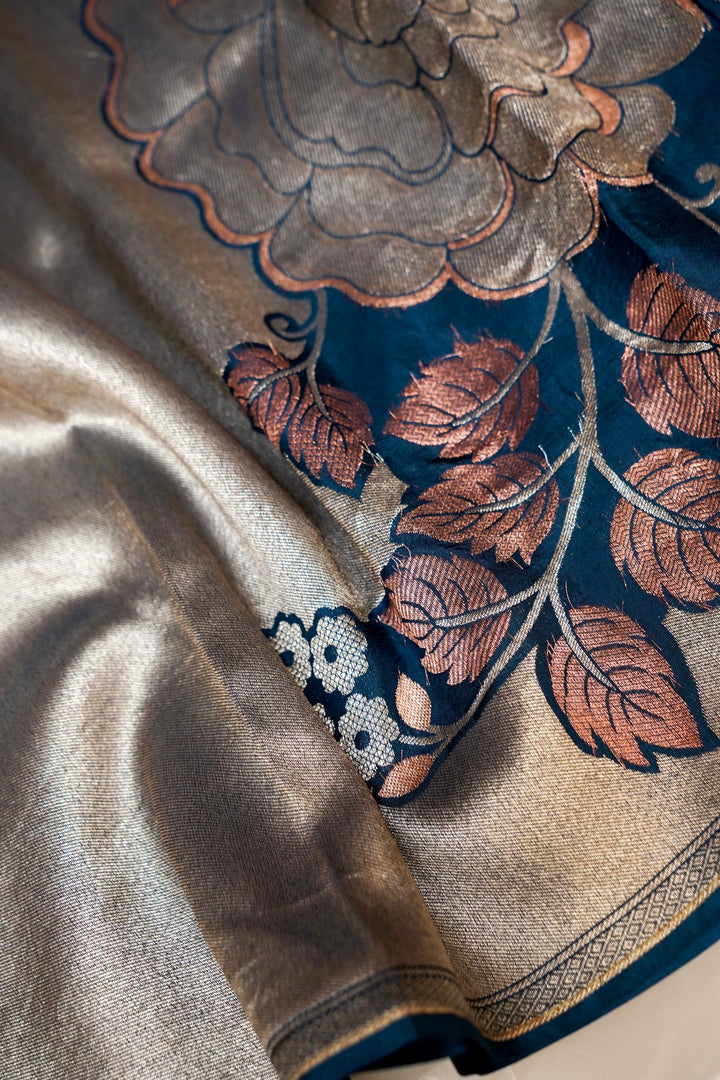 Peacock Blue Pure Banarasi Crepe Tissue Saree with Contemporary Pattern