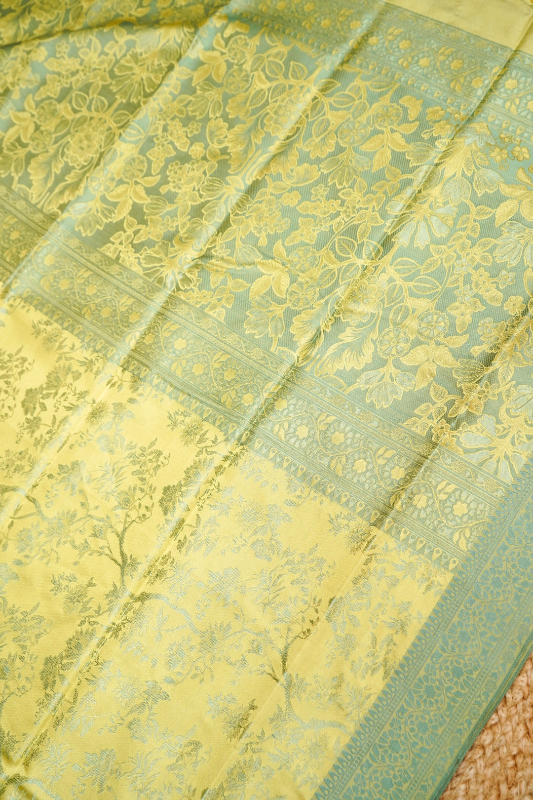 Neon Yellow Handwoven Banarasi Pure Tanchoi Silk Saree with Resham Elegance