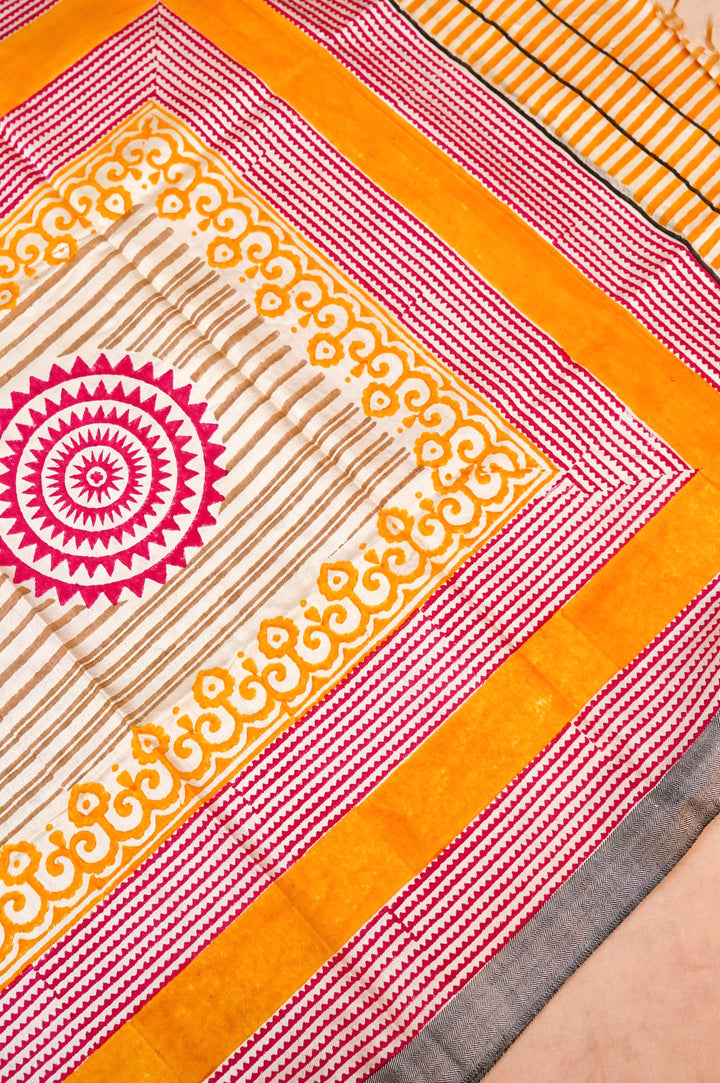 Yellow Dupion Silk Suit Set with White Block Print Dupatta