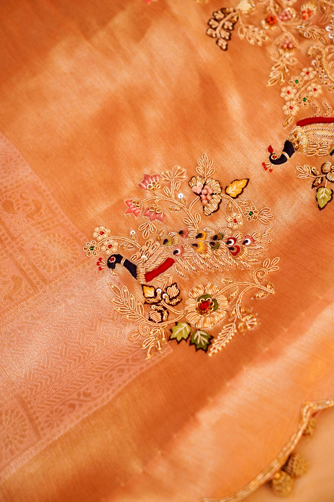 Banarasi Brocade Silk Saree with Zardozi Meenakari Hand Embroidery & Scallop Border