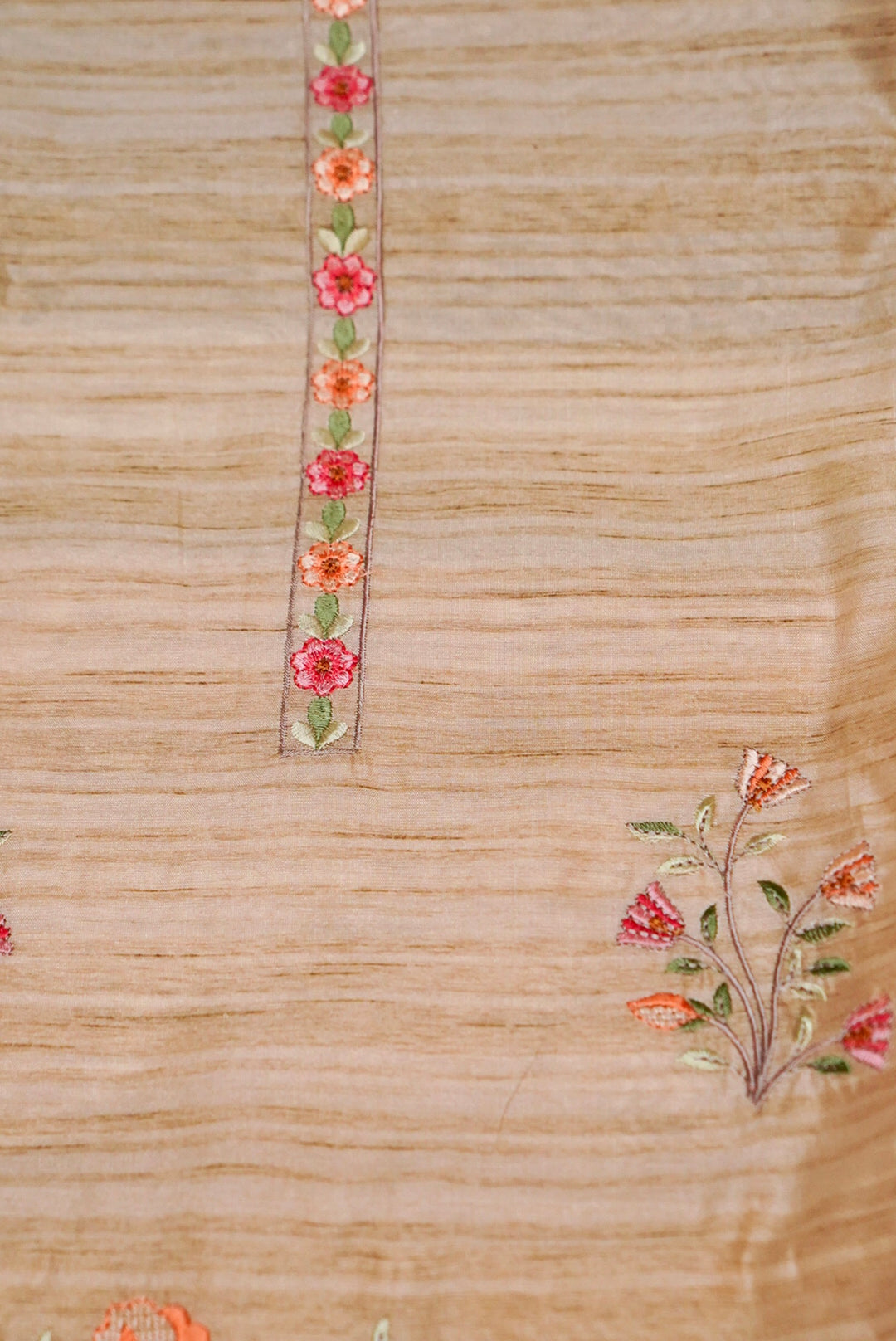 Beige Gold Chanderi Tussar Silk Suit with Thread Embroidery and Parsi Work
