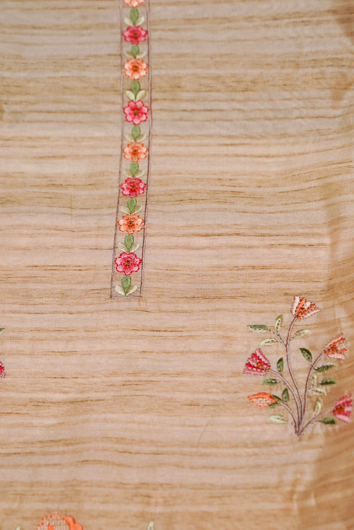 Beige Gold Chanderi Tussar Silk Suit with Thread Embroidery and Parsi Work