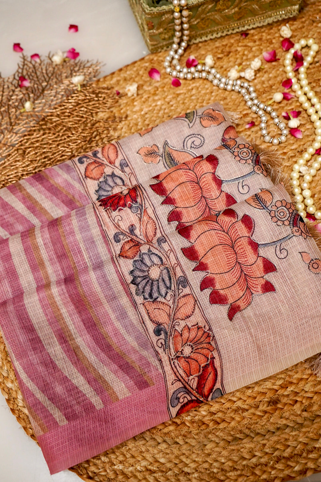 Artisanal Kota Check Saree with Multicolor Leheriya Aari Tari Handwork Pichwai Kalamkari Pallu View 1