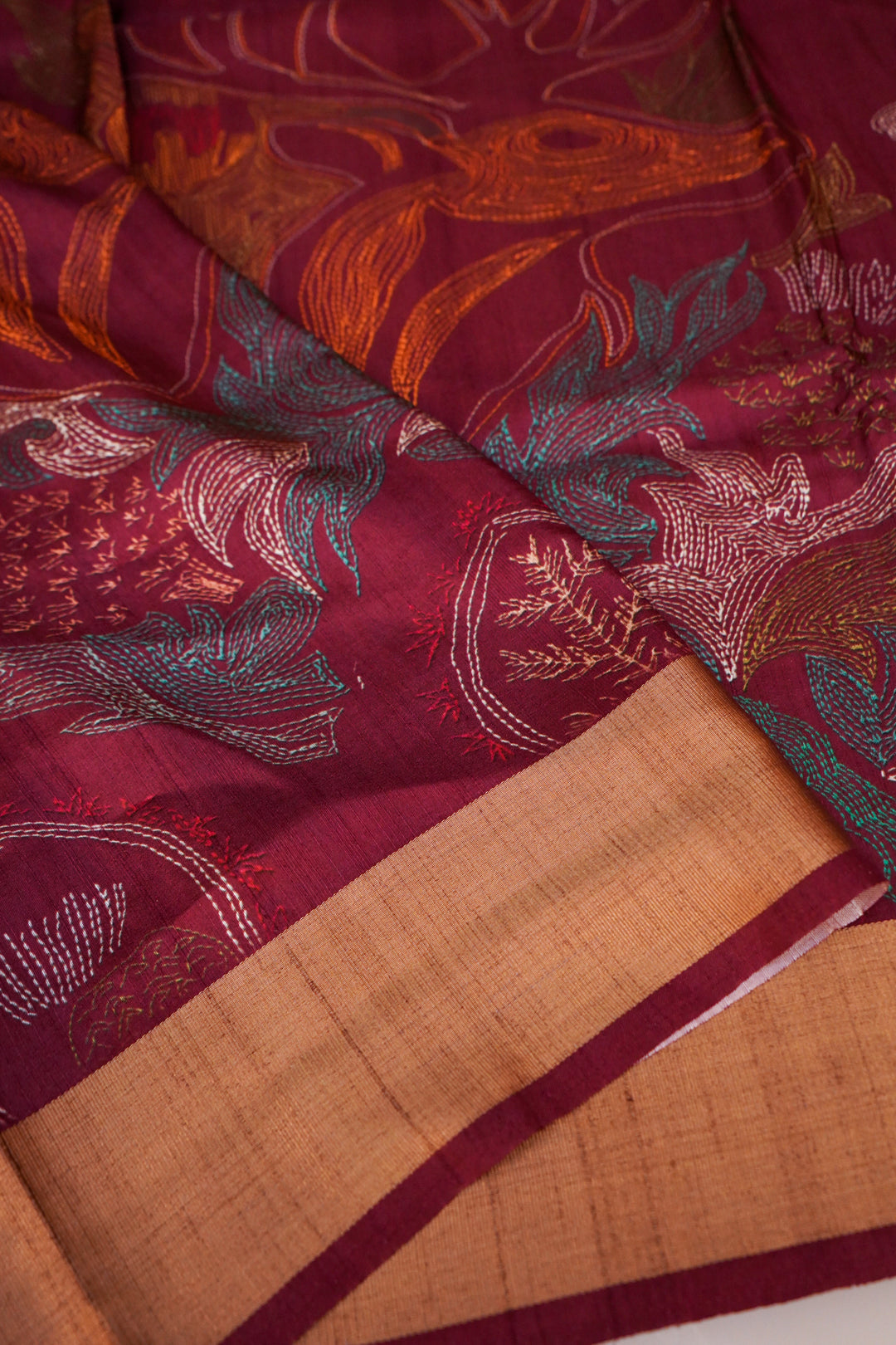 Maroon Tussar Silk Saree with Ajrak Animal Motif &amp; Meenakari Bootidar Weaving
