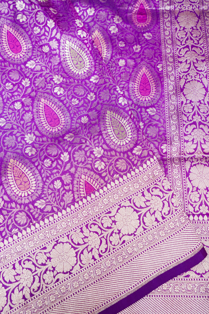 Purple Handwoven Banarasi Pure Katan Silk Brocade Meenakari Jaal Saree