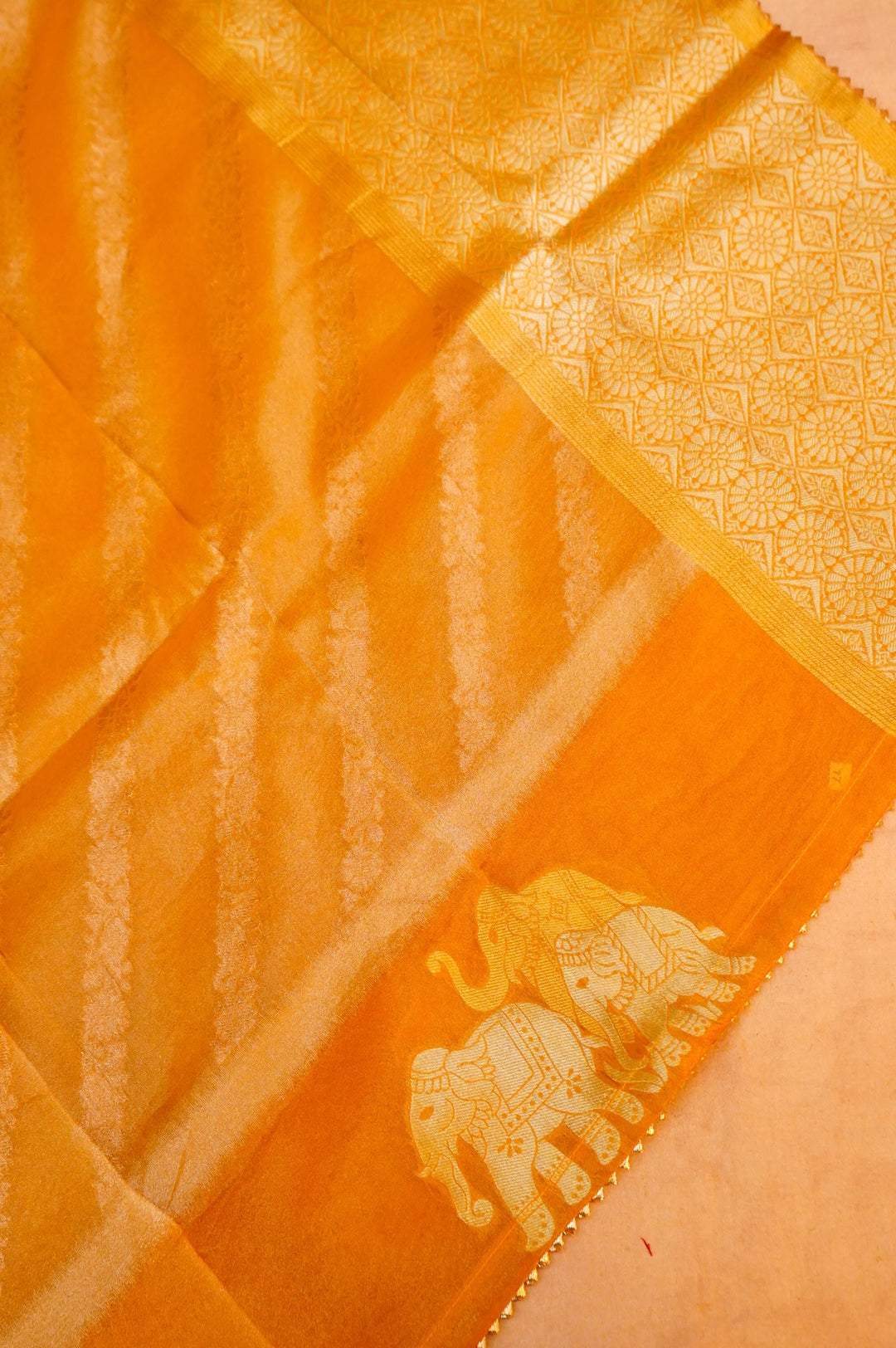 Yellow Banarasi Tissue Silk Saree with Meenakari Jangla Top and Elephant Motif Dupatta