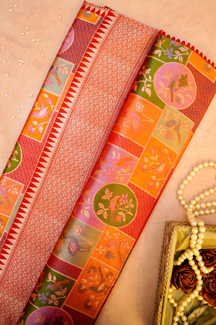 Handwoven Rangkat Banarasi Pure Katan Silk Birds Motif Saree