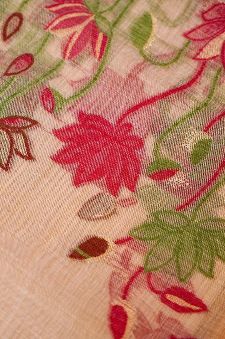 Beige Gold Cotton Silk Ensemble Adorned with Fine Thread Embroidery