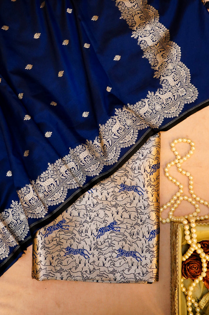 Dark Blue Banarasi Katan Silk Shikargah Suit Set
