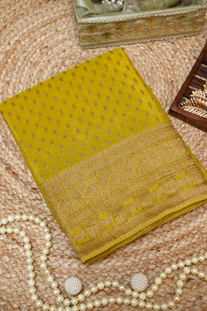 Radiant Mustard Yellow Banarasi Chinon Georgette Saree with Antique Zari Figure Motifs