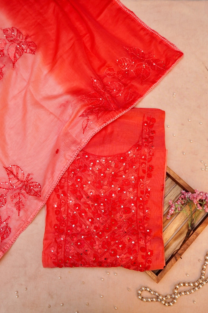 Pure Mul Chanderi Unstitched Suit with Ombre Kurta & French Knot Embroidery