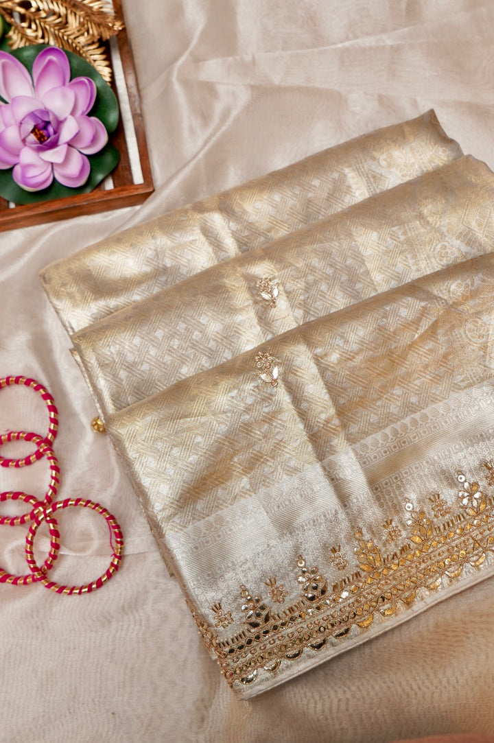 Beige Gold Designer Banarasi Brocade Tissue Silk Saree with Hand Embroidery