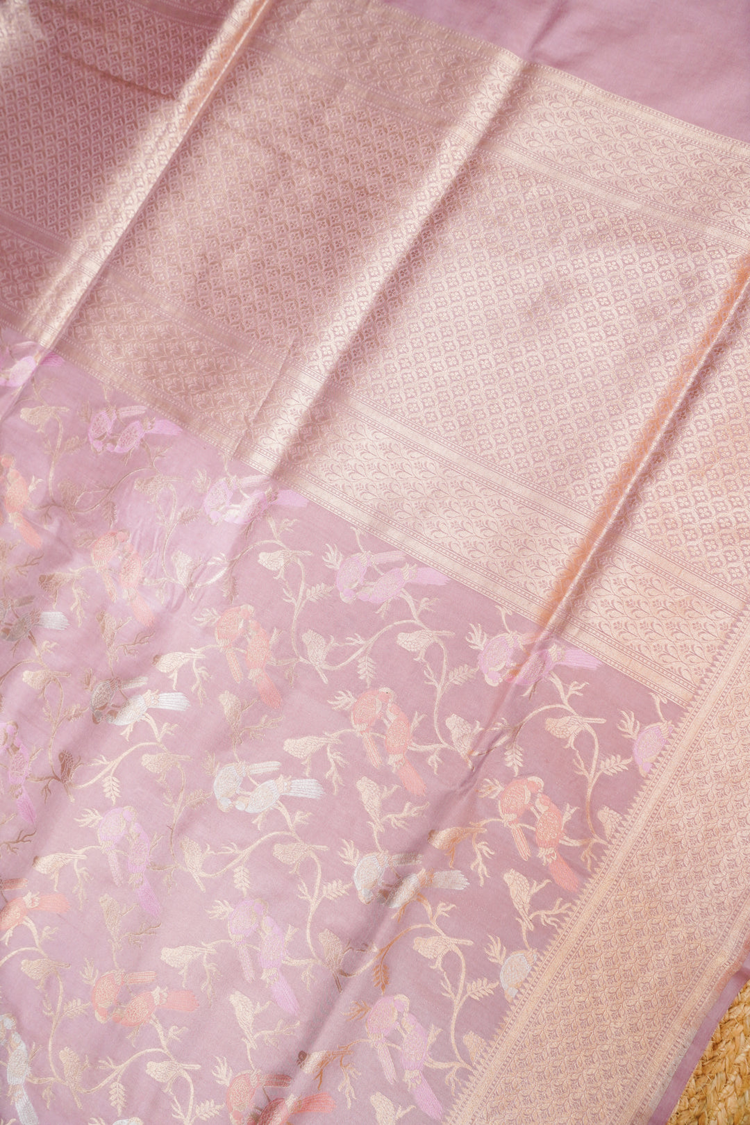 Rose Gold Pure Banarasi Handloom Katan Silk Meenakari Jaal Bird Motifs Saree