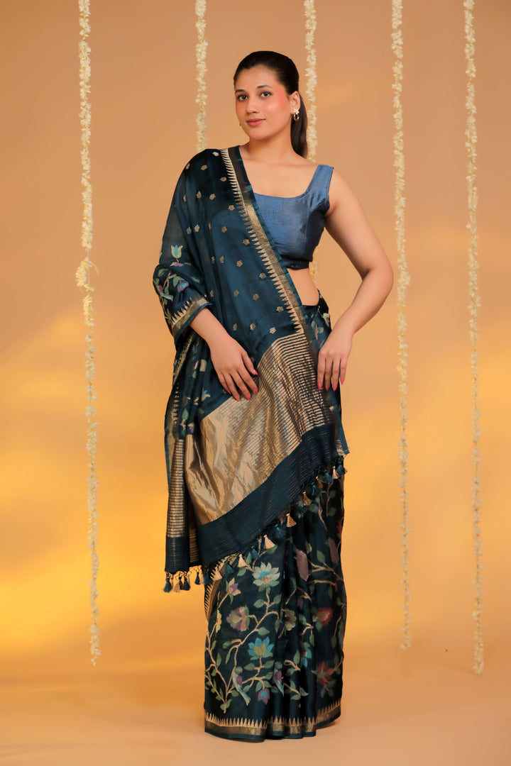 teal blue kota silk figure motif silk border saree front view 2