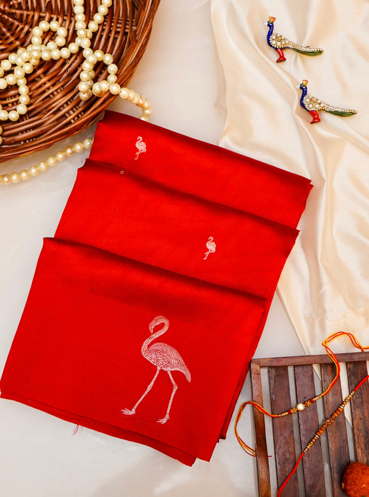 Handwoven Red Bridal Banarasi Katan Silk Saree with Golden Zari Bird Motifs