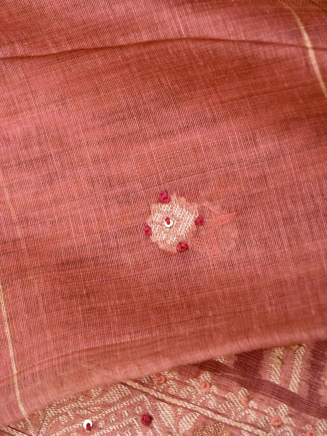Dusty Rose Banarasi Cotton Jamdani Suit Set with French Knot Thread Embroidery