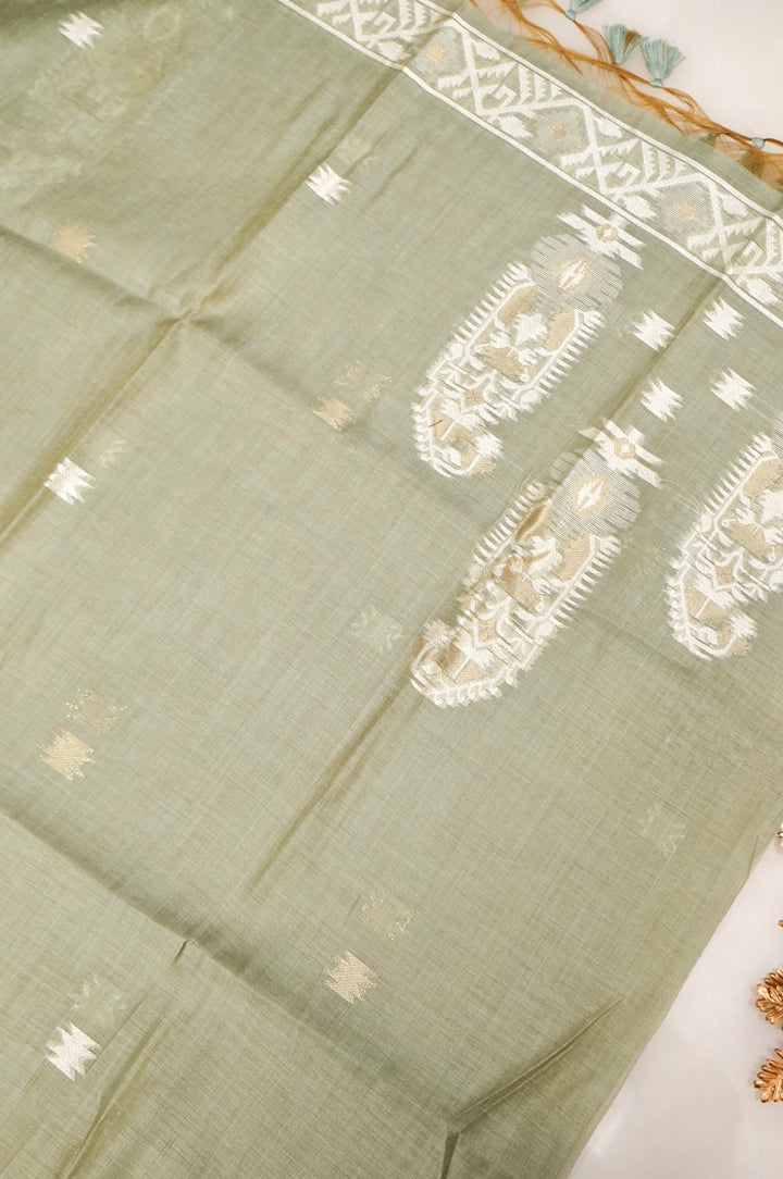 Elegant Sage Green Traditional Banarasi Cotton Silk Suit Set