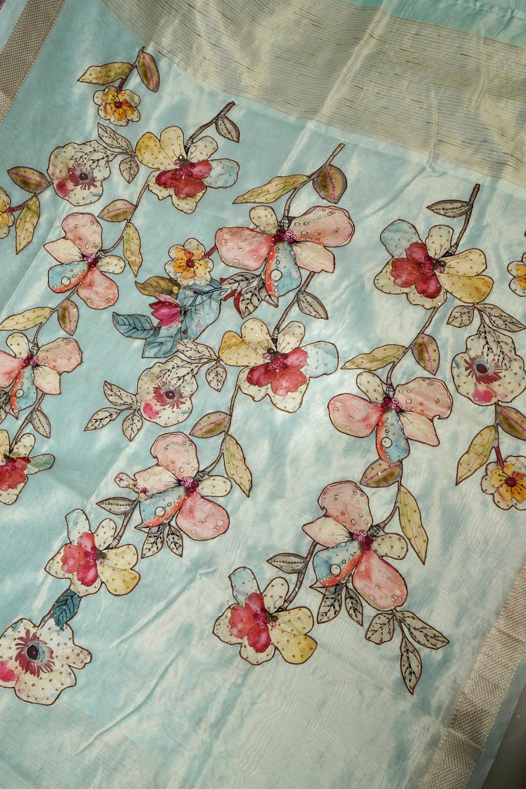 Sky Blue Chanderi Tissue Saree with Appliqué & Katha Embroidery