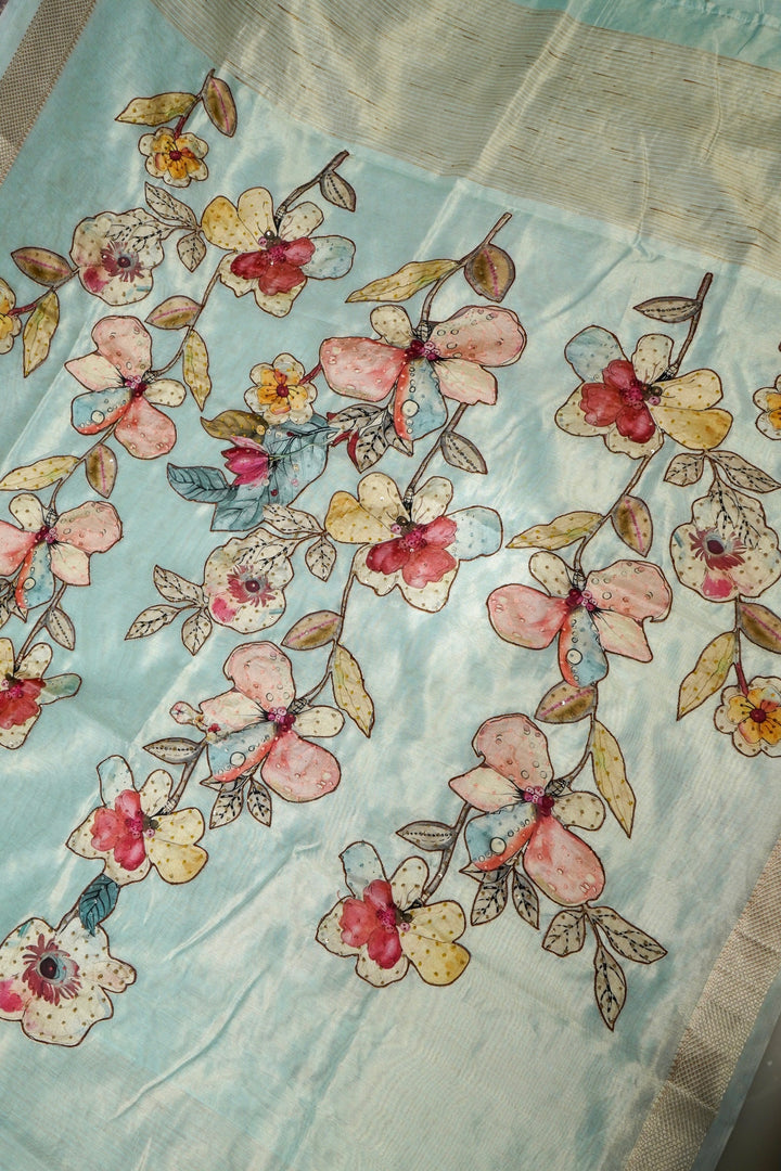 Sky Blue Chanderi Tissue Saree with Appliqué & Katha Embroidery