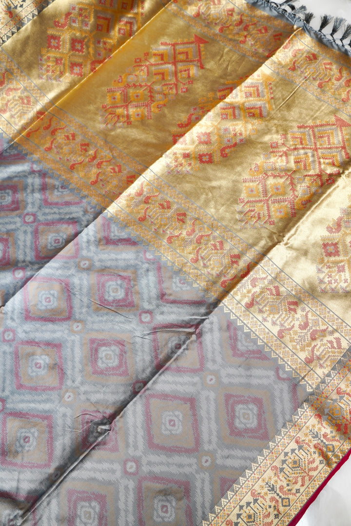 Grey Soft Silk Ikat Inspired Saree with Golden Zari Heavy Border & Pallu