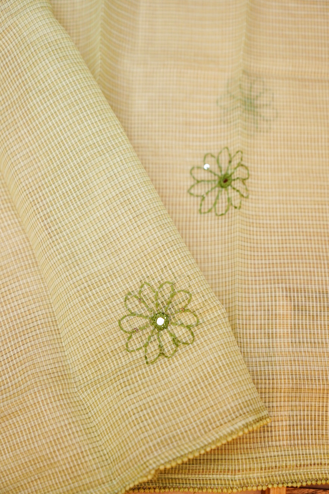Pastel Green Pure Chanderi Kota Fabric with French Knot Thread Embroidery