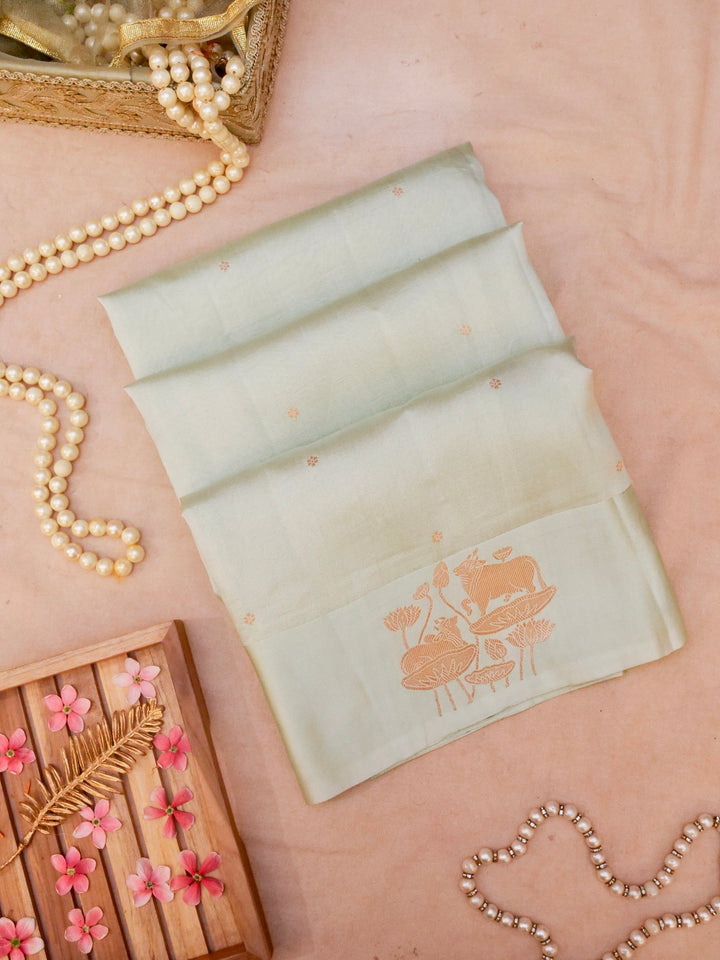 Handwoven Banarasi Pure Pastel Green Mashru Silk Saree with Zari Shikargah Weave View 1